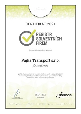 Bisnote certifikát spolehlivé firmy Pajka Transport