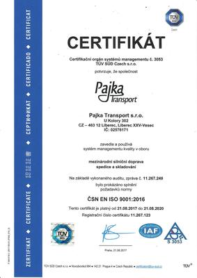CERTIFIKÁT - ISO 9001 Pajka Transport